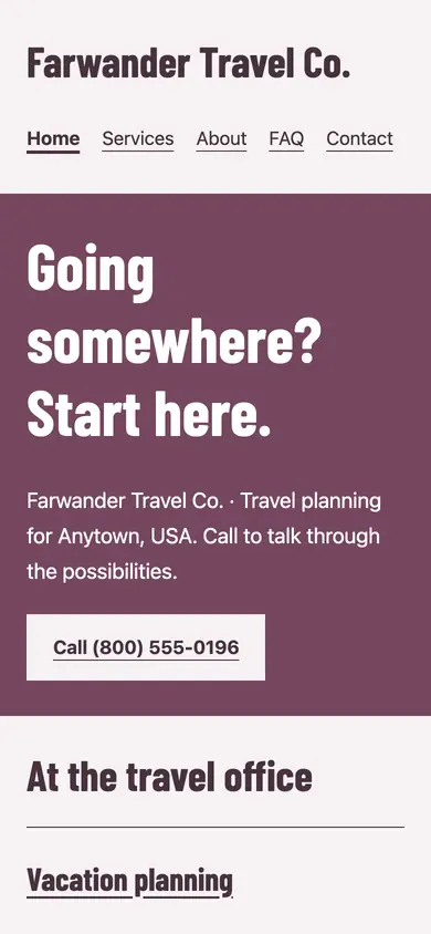 Look 2, Travel office window circular: sample home page on a phone