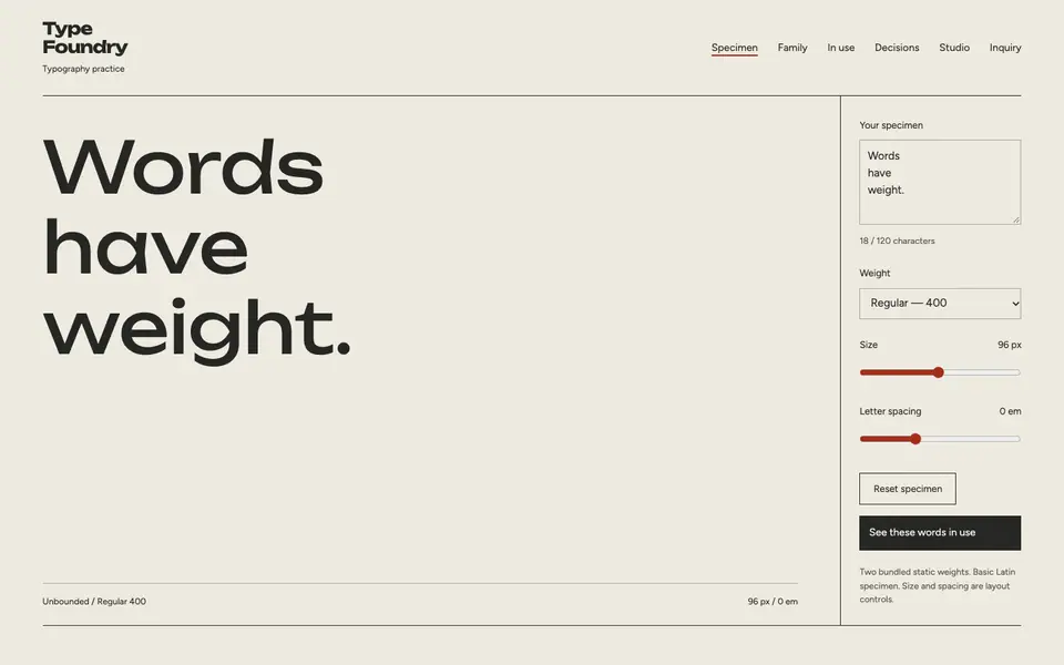 Look 1, Type Foundry: sample home page on a computer