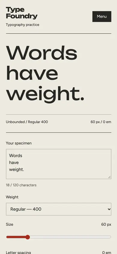 Look 1, Type Foundry: sample home page on a phone