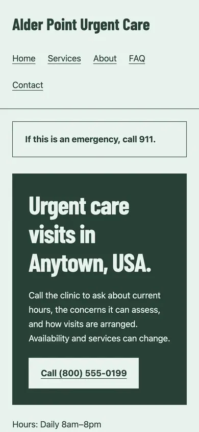 Look 3, Street-front care sign: sample home page on a phone