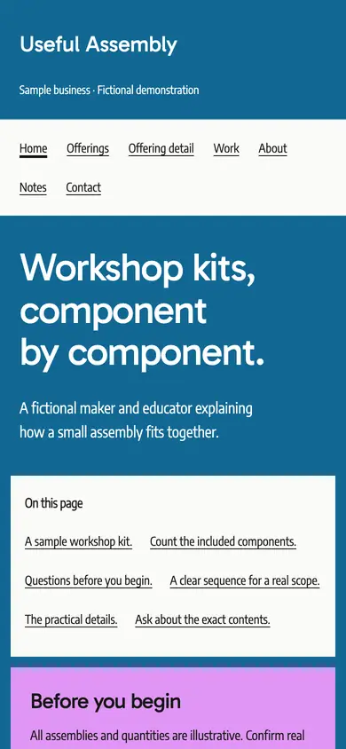 Look 1, Useful Assembly: sample home page on a phone