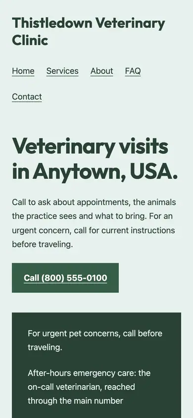 Look 1, Neighborhood animal clinic: sample home page on a phone