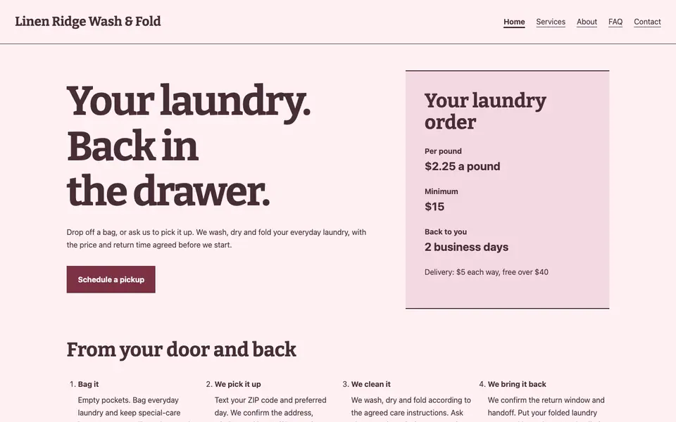 Look 1, Delivery bag tag: sample home page on a computer