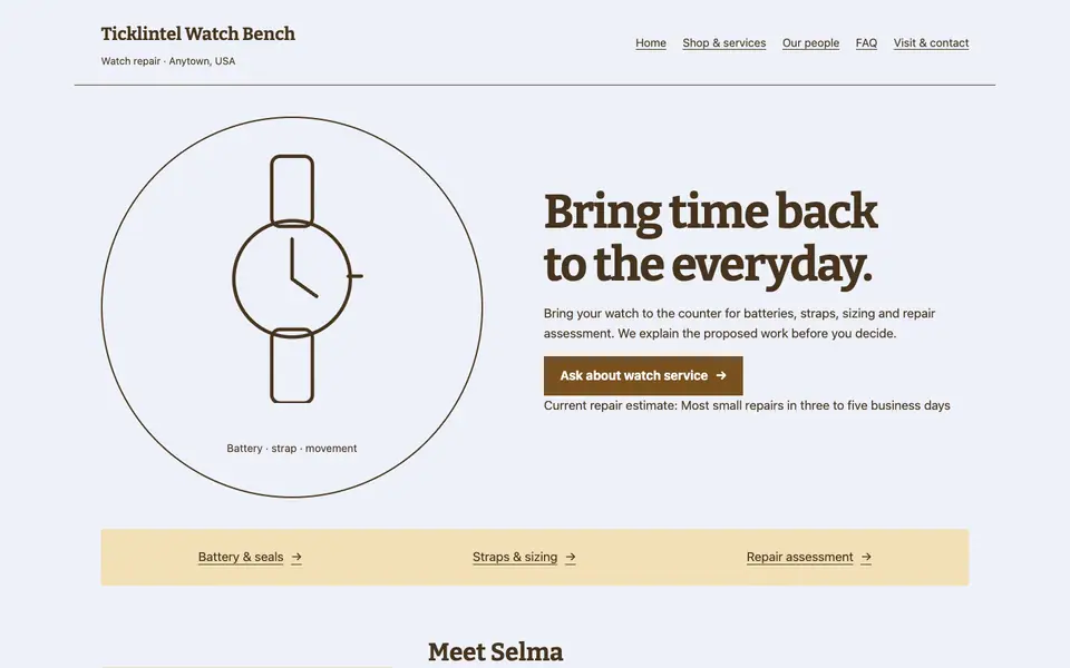 Look 1, Watch service dial: sample home page on a computer