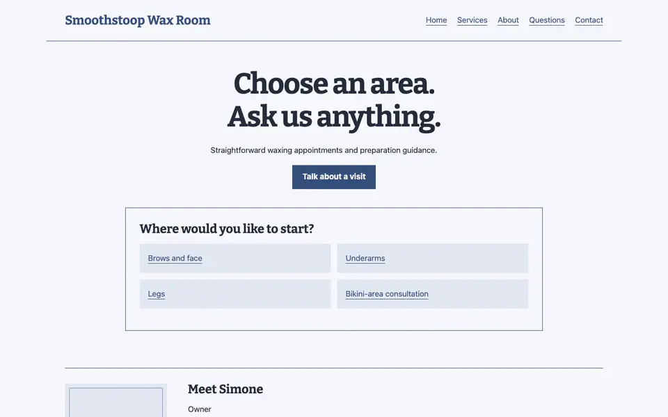 Look 1, Area appointment menu: sample home page on a computer