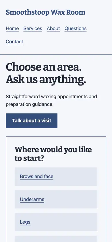 Look 1, Area appointment menu: sample home page on a phone