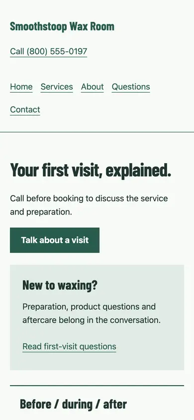 Look 2, First visit conversation: sample home page on a phone