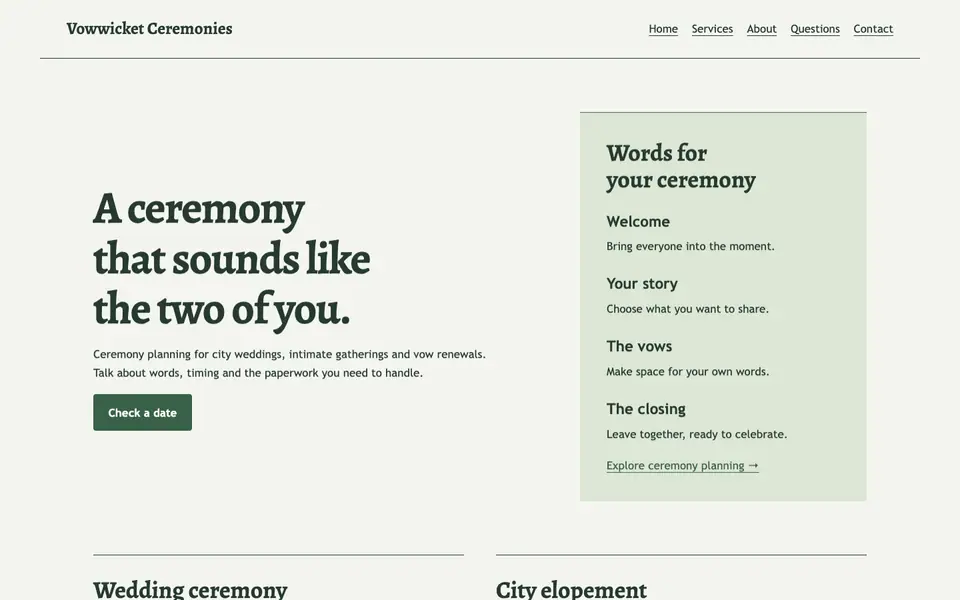 Look 1, Ceremony script: sample home page on a computer