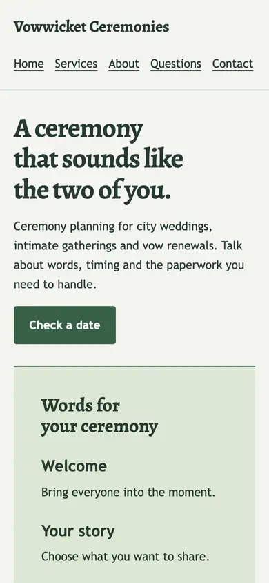 Look 1, Ceremony script: sample home page on a phone