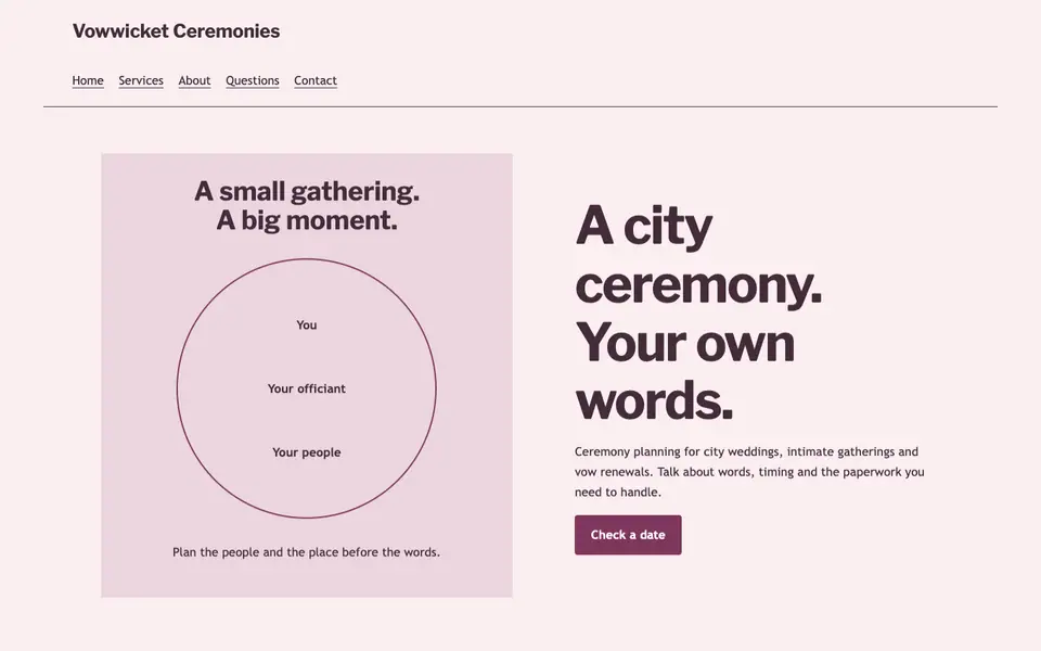 Look 2, Small ceremony circle: sample home page on a computer