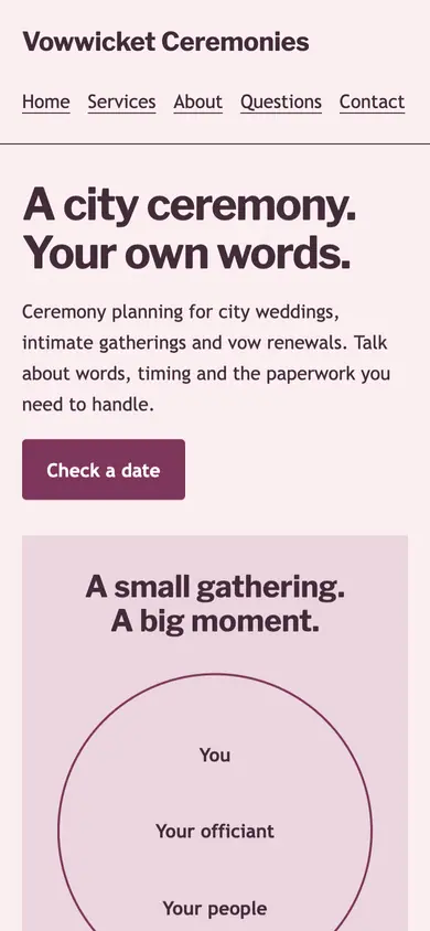 Look 2, Small ceremony circle: sample home page on a phone