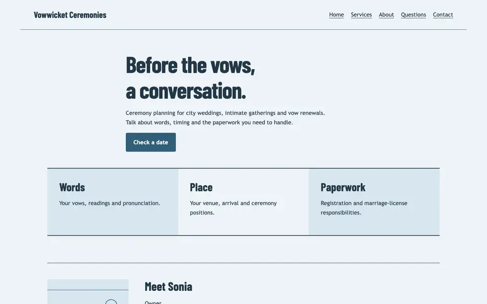 Look 3, Ceremony preparation foldout: sample home page on a computer