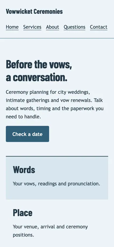 Look 3, Ceremony preparation foldout: sample home page on a phone