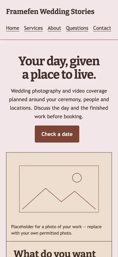Look 3, Wedding album opening: sample home page on a phone