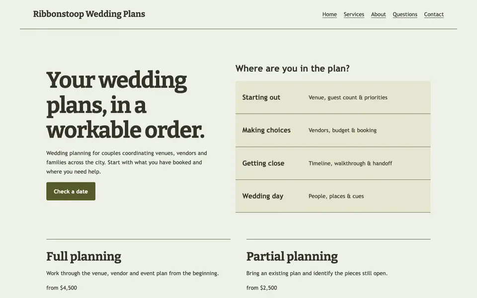 Look 1, Wedding planning calendar: sample home page on a computer