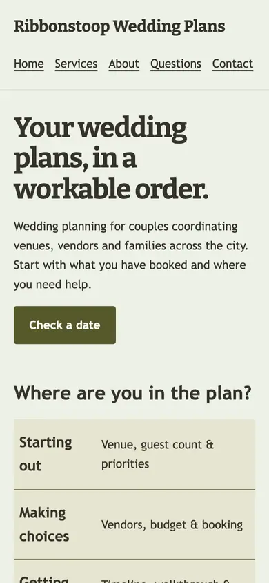 Look 1, Wedding planning calendar: sample home page on a phone