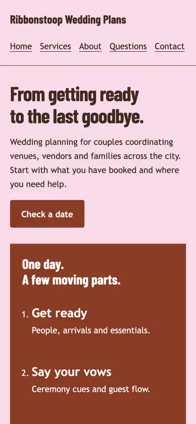 Look 3, City wedding route: sample home page on a phone