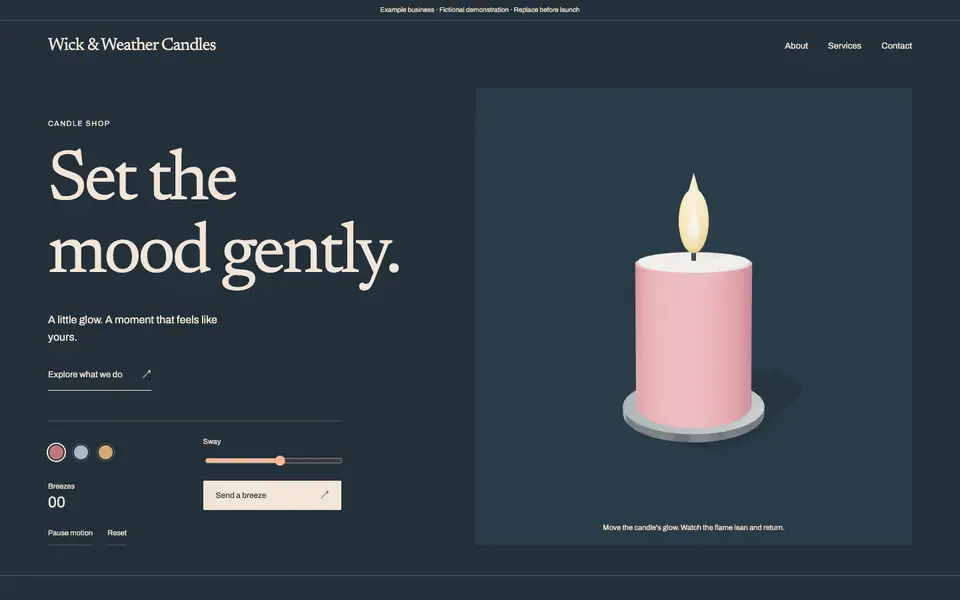 Look 1, Wick & Weather: sample home page on a computer