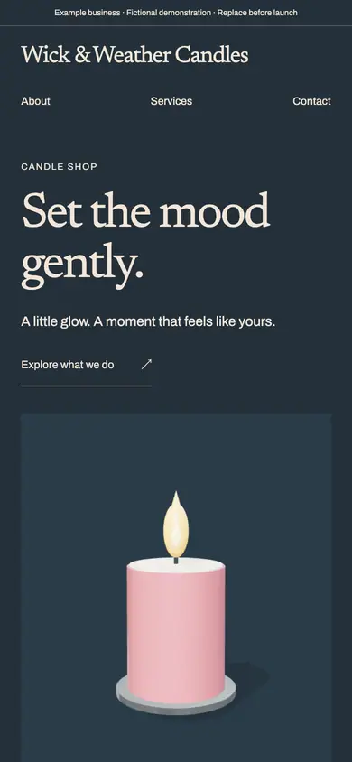 Look 1, Wick & Weather: sample home page on a phone