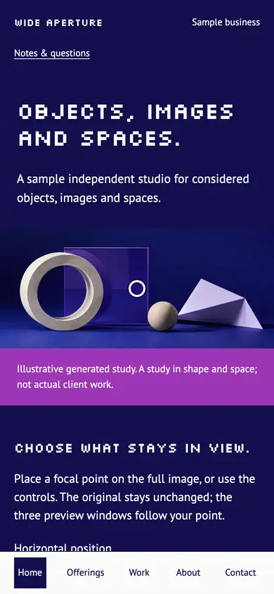 Look 1, Wide Aperture: sample home page on a phone