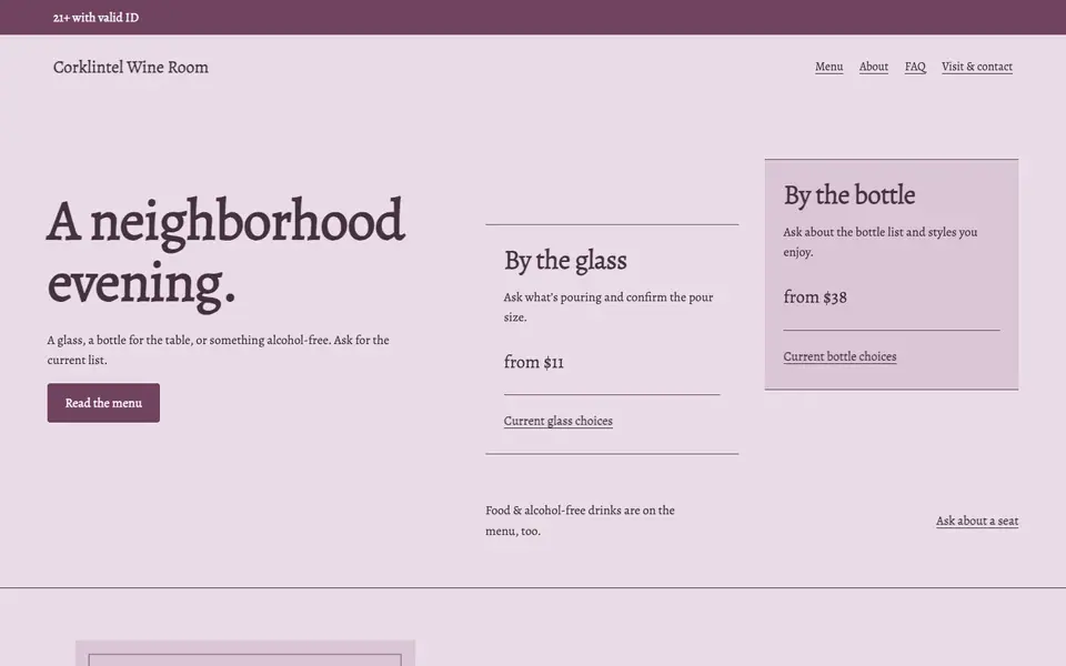 Look 1, Glass and bottle list: sample home page on a computer