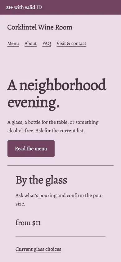 Look 1, Glass and bottle list: sample home page on a phone