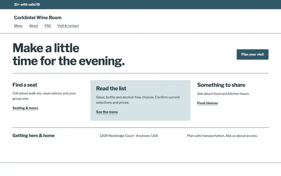 Look 2, Evening at the corner: sample home page on a computer