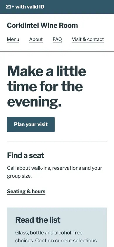 Look 2, Evening at the corner: sample home page on a phone