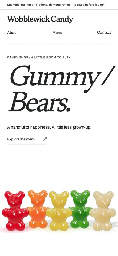 Look 1, Wobblewick: sample home page on a phone