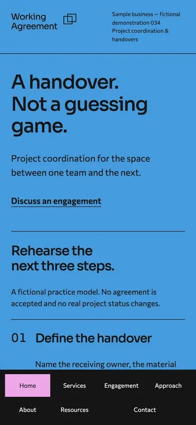 Look 1, Working Agreement: sample home page on a phone