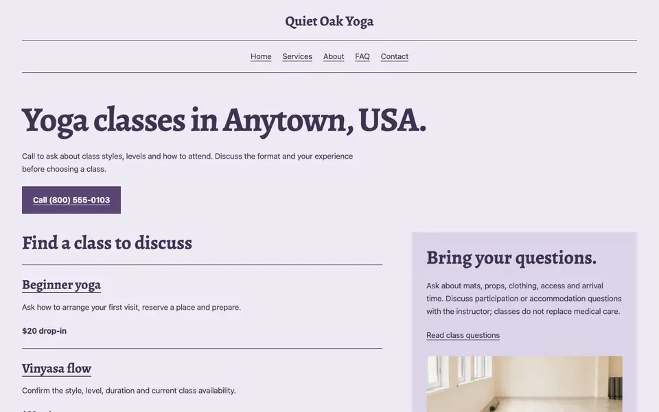 Look 2, Yoga class notebook: sample home page on a computer