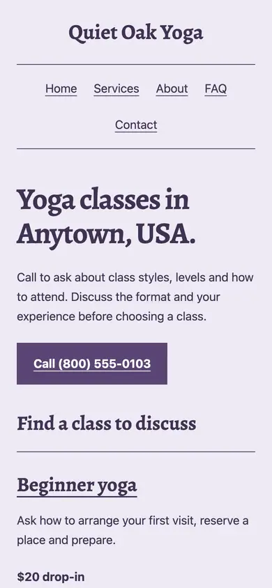 Look 2, Yoga class notebook: sample home page on a phone