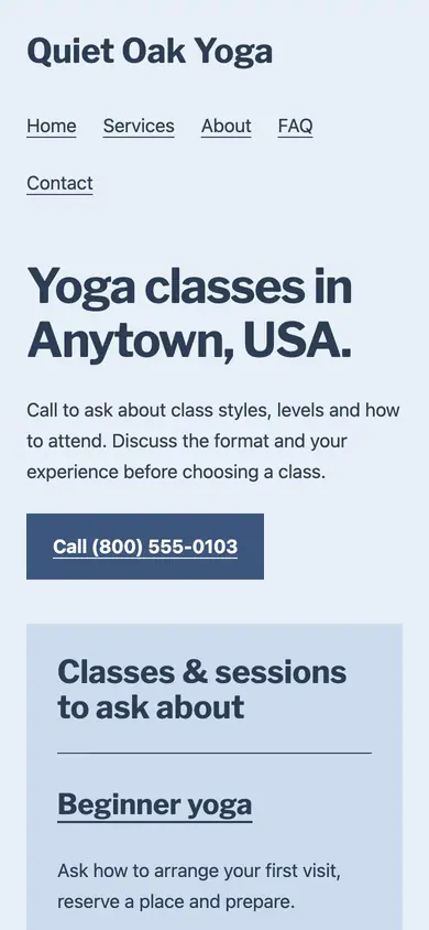 Look 3, Storefront class directory: sample home page on a phone