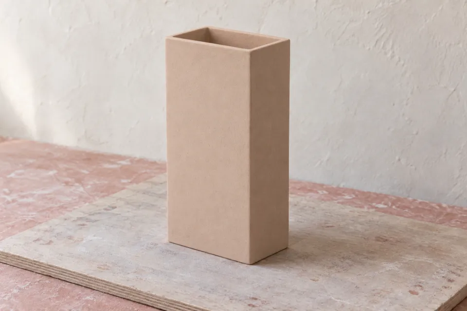 Conceptual refined state of the tall rectangular vessel, with an even open rim, pale clay-colored faces and softened joins.
