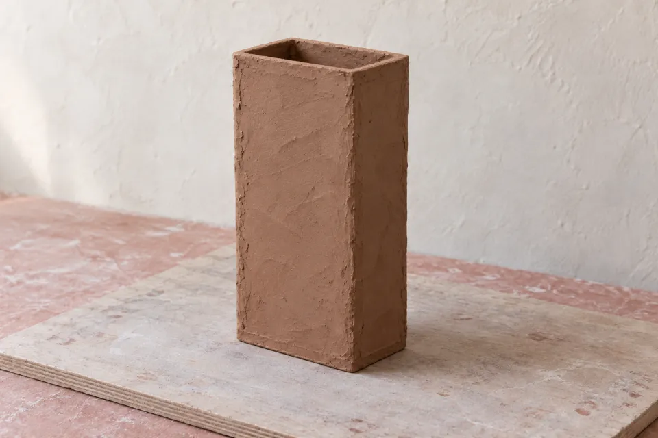 Conceptual rough assembly of the same tall four-sided vessel, with visible vertical joins and an open rectangular mouth.