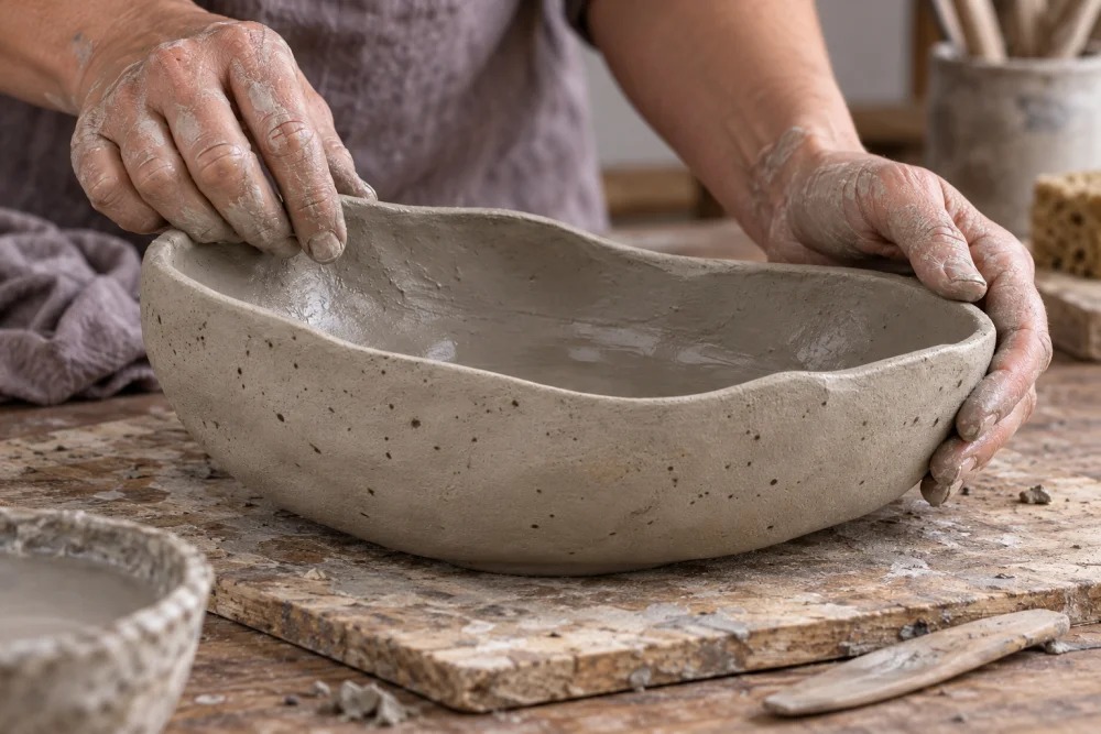 Generated illustrative making scene: clay-covered hands support the damp, uneven rim of the same low vessel family.