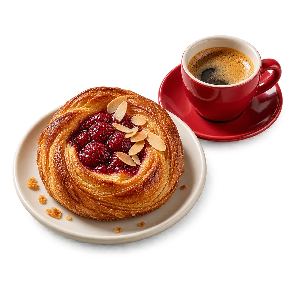 Raspberry spiral pastry and espresso in a red ceramic cup.