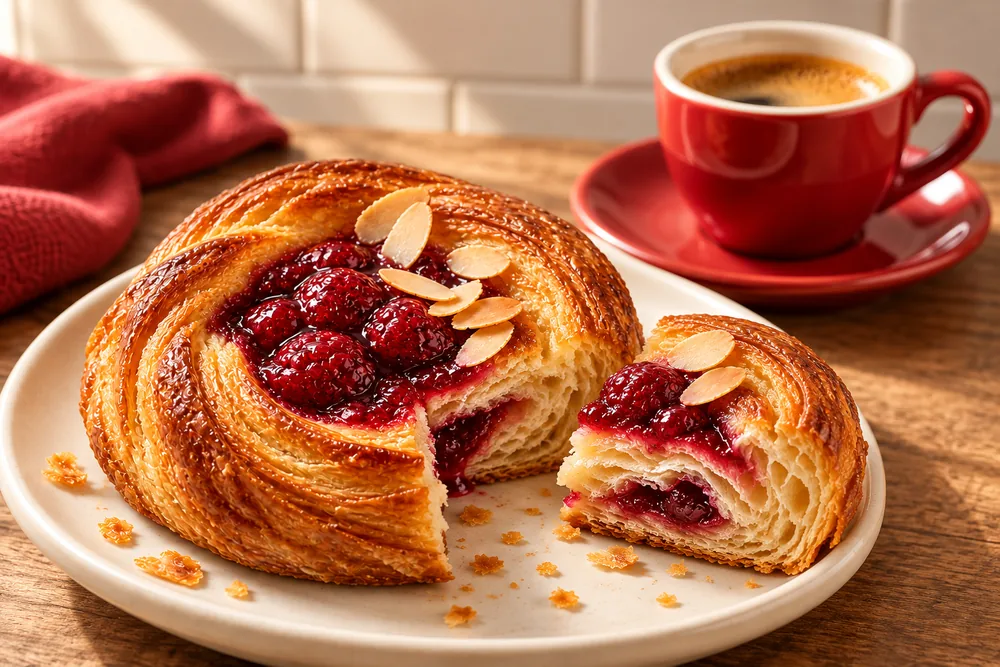 Flaky layers and raspberry filling in the featured Solstice pastry.