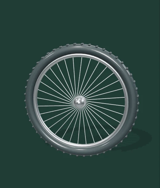 A detailed bicycle wheel with metal spokes and a spinning tire. Select Play to interact.