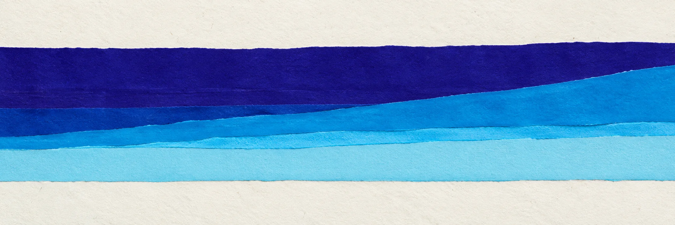 Original illustrative panoramic relief of layered violet and cyan paper bands on an off-white surface