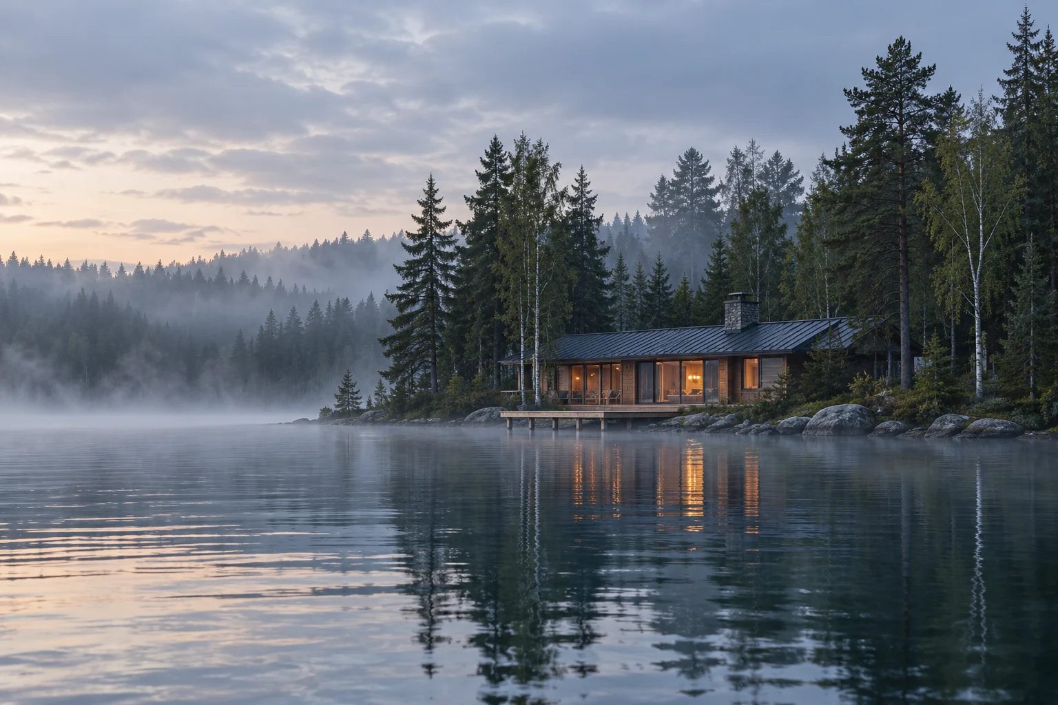 A modest cedar lodge at the edge of a still forest lake in cool morning mist.
