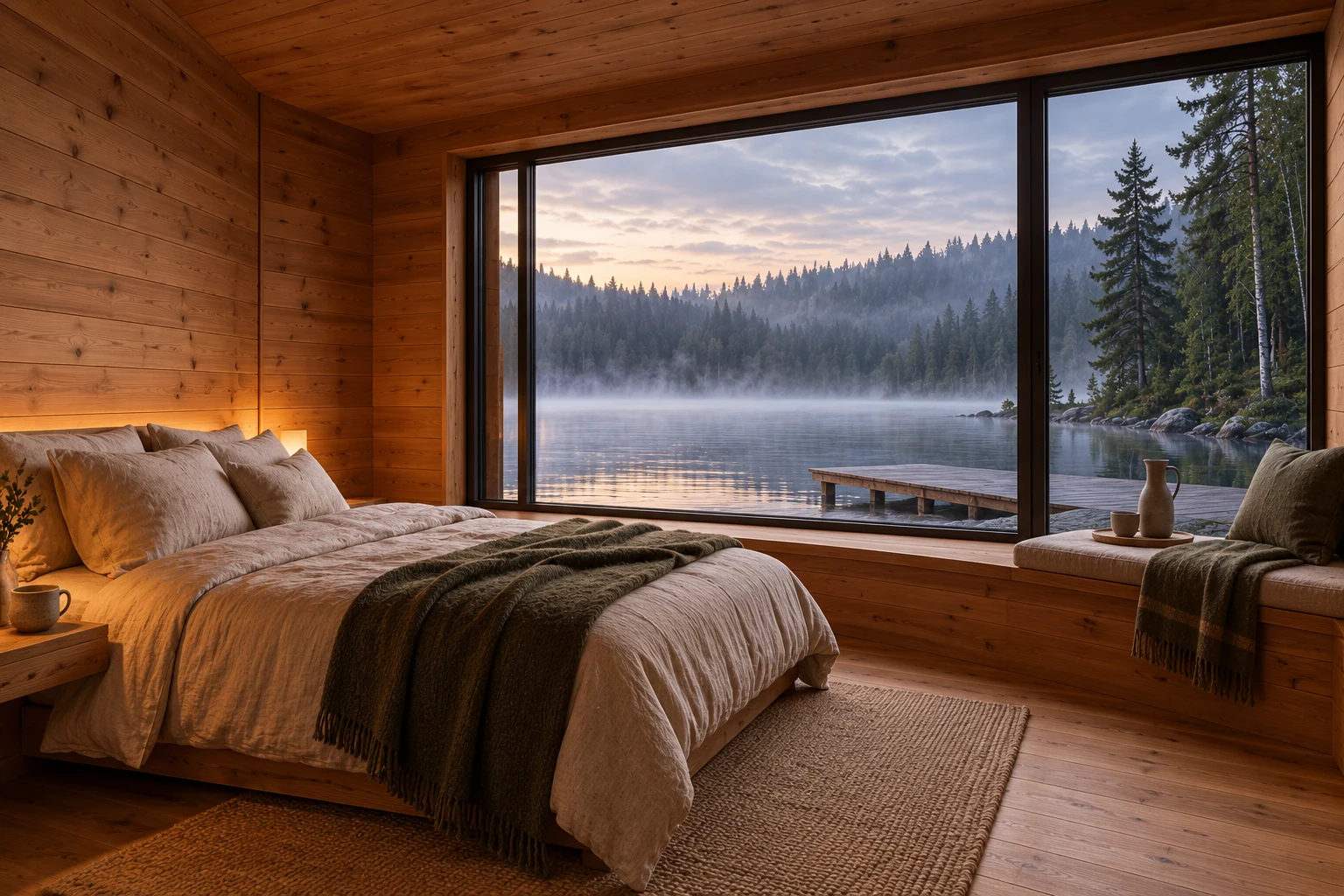 A cedar-lined Lake room with oatmeal linen, a window seat and a cool lake view.