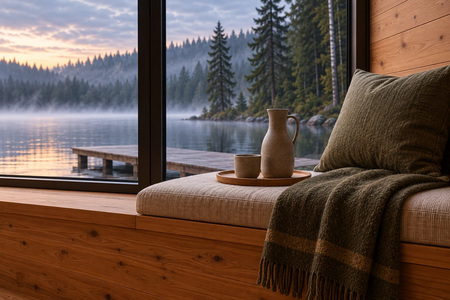 Close study of a cedar window seat, a folded green wool blanket, a ceramic carafe and the lake beyond.