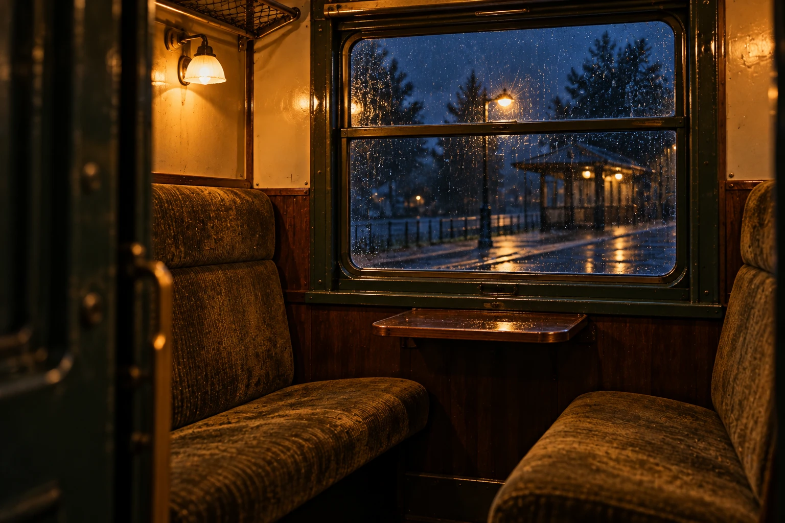 Warm, empty railway compartment with olive seats and blue platform beyond its window