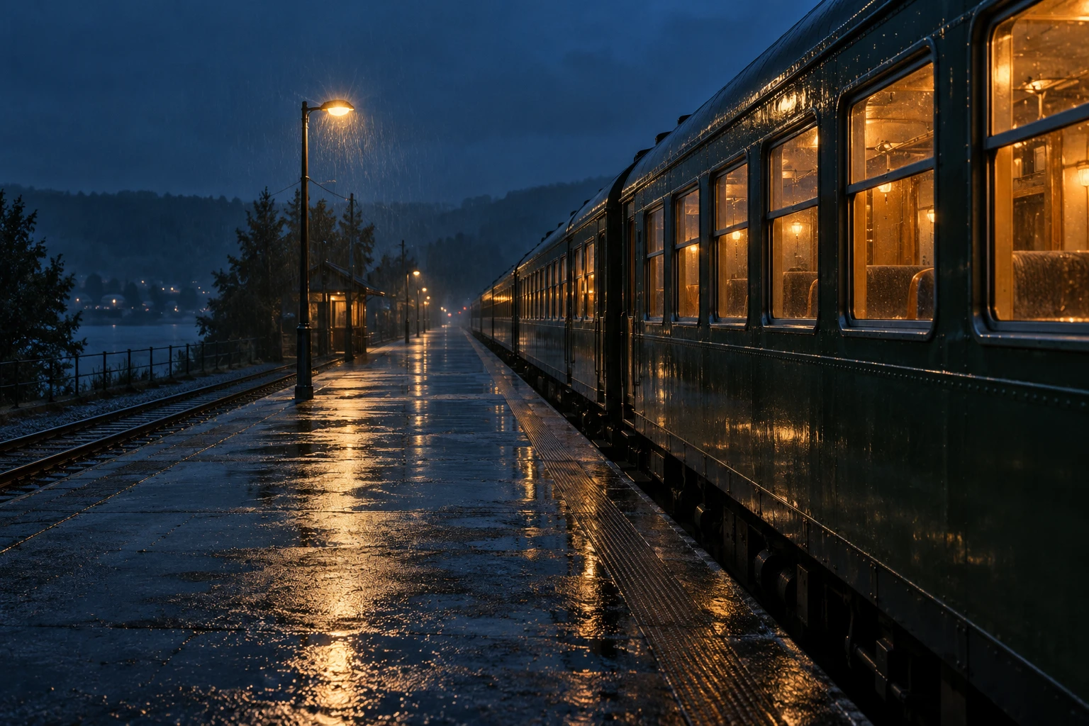 Empty wet railway platform beside a green train, with warm windows against a blue evening