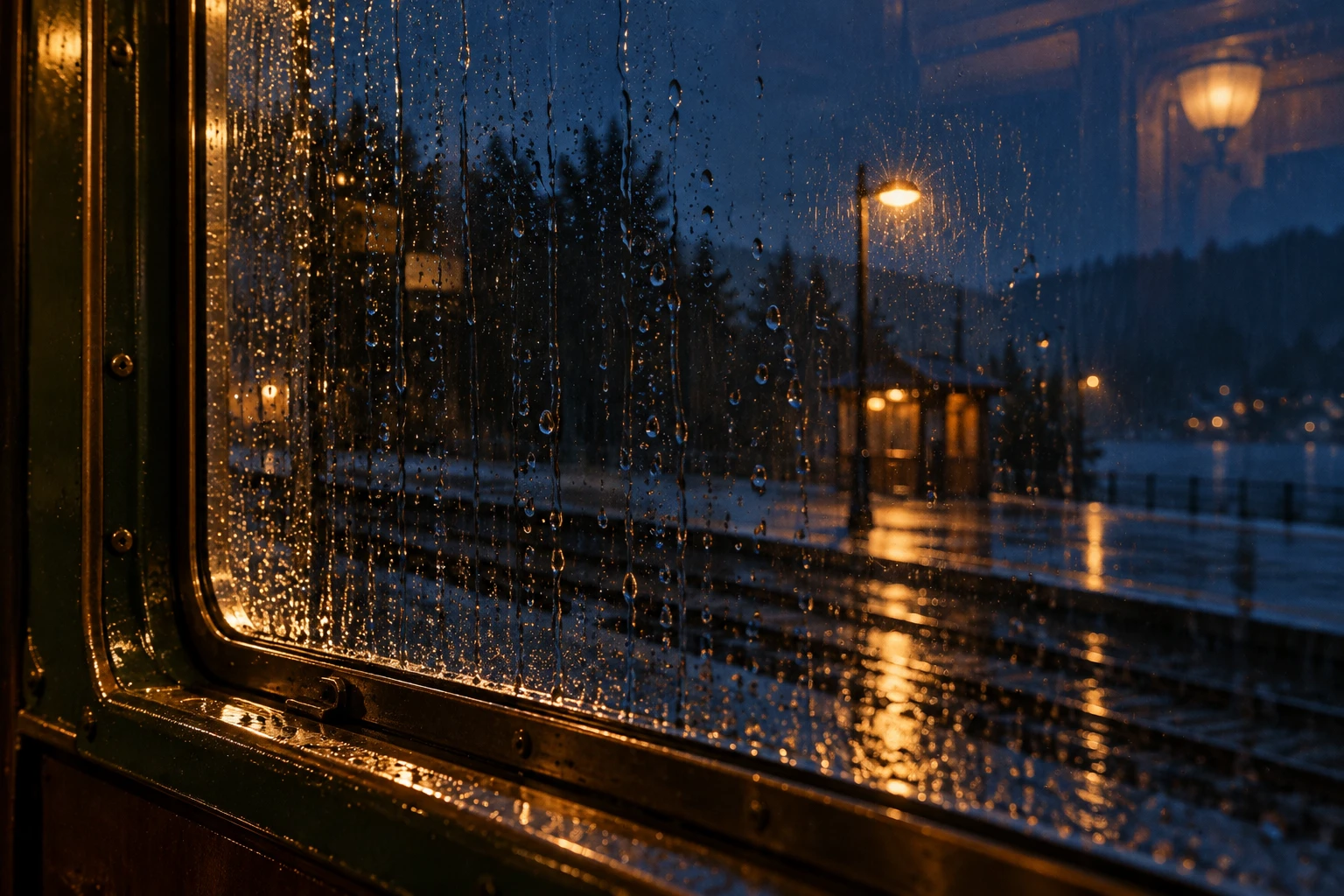 Rain on a train window, blue platform lamps and amber light reflected in glass