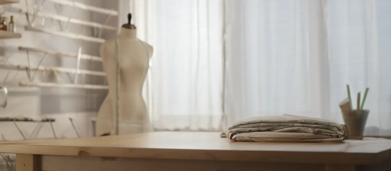 A tailor's workbench with a measuring tape, pins and a dress form by the window.