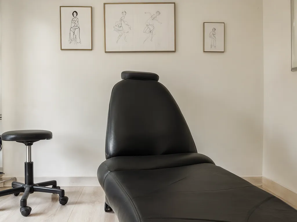 A tattoo chair and rolling stool in a bright studio, with framed flash drawings on the wall.