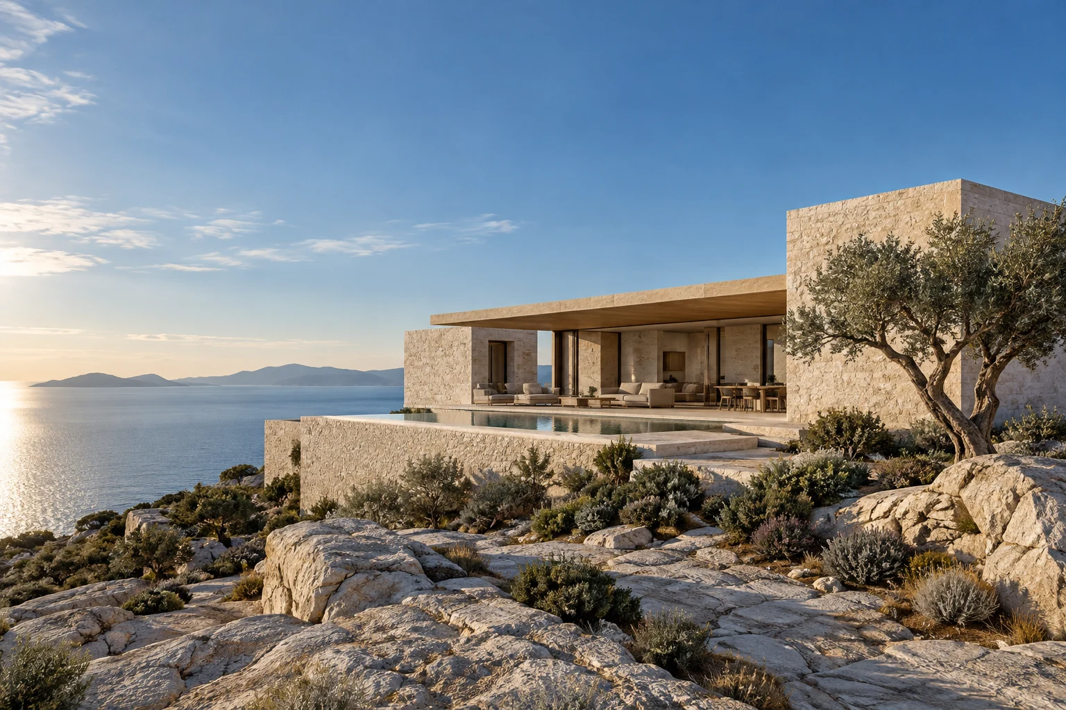 Pale stone house opening to the coast