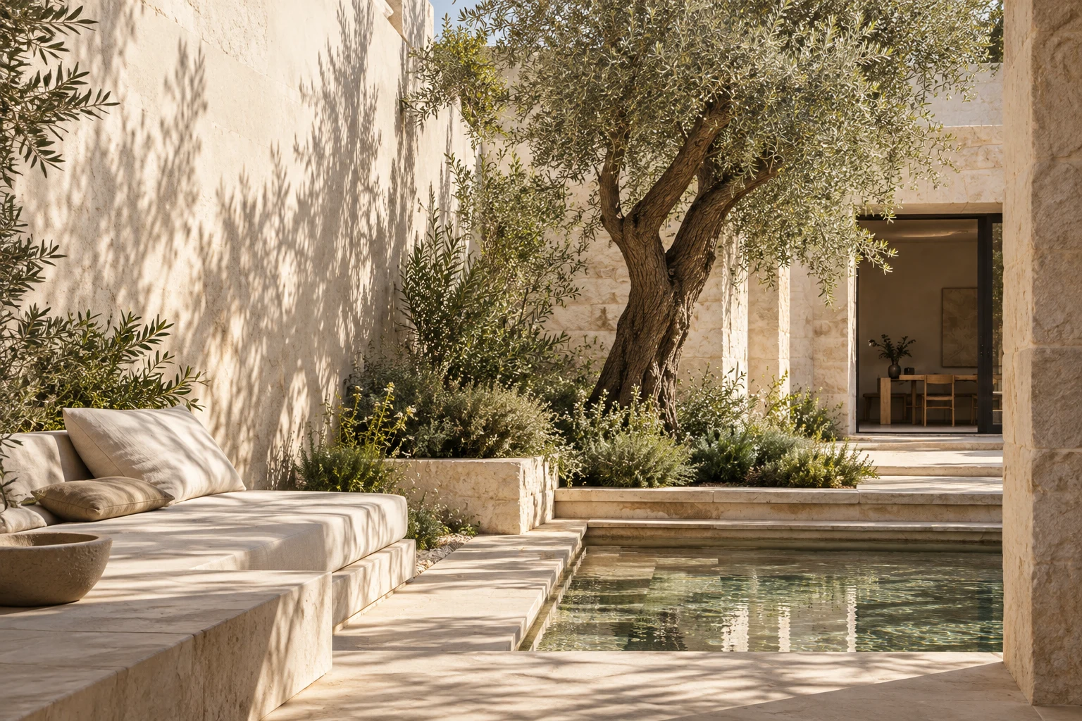 Warm limestone courtyard with an olive tree, linen seating and a reflecting pool
